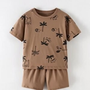 brown color safari trail pattern co ord set for boys