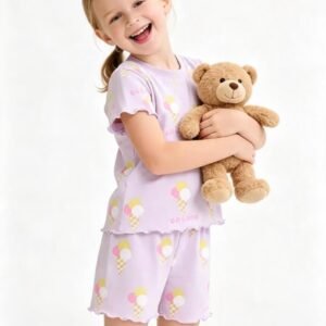 sweet scoop pattern frill co ord set for girls in lilac color
