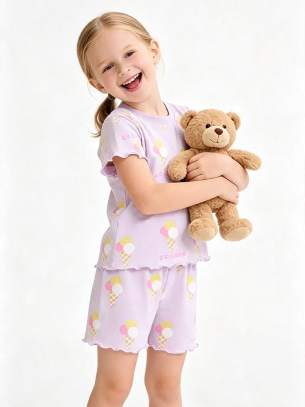 sweet scoop pattern frill co ord set for girls in lilac color